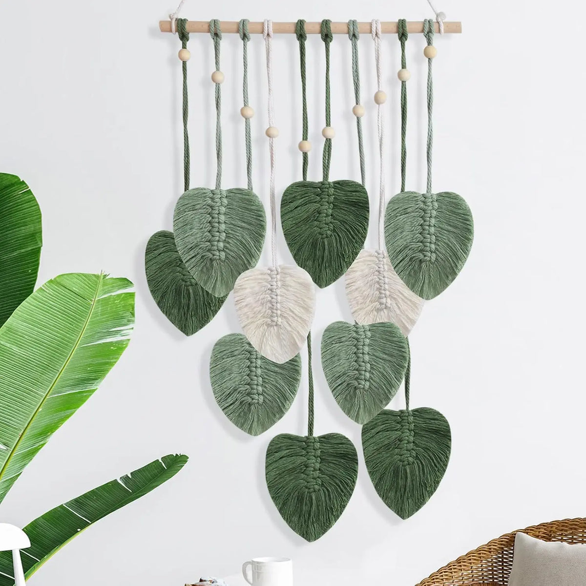 Hangable Macrame Wall Art, Boho Decorative Leaves Tapestry with Handmade Yarn Tassels and Feathers, Indoor Recreation Bedroom Wall Hanging Decor, 16x22in
