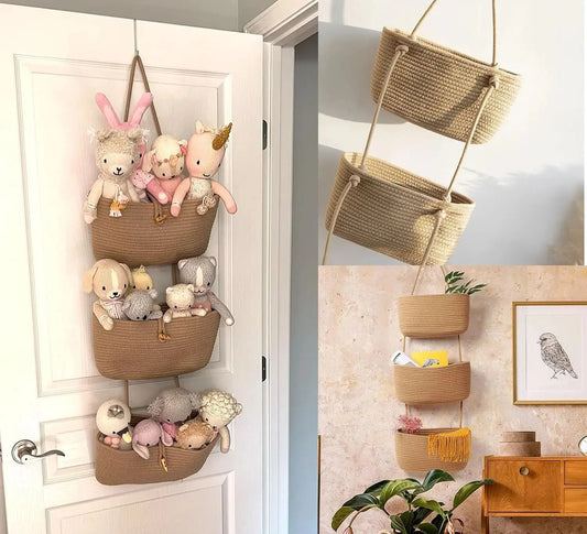 【Handmade】Natural Cotton Woven 3-Tier Hangable Folding Over-the-Door Vintage Storage Basket, Wall-Mounted Jute Organizer - Ideal for Busy Parents to Store Nursery Diapers & Toys, Family Gift Hook