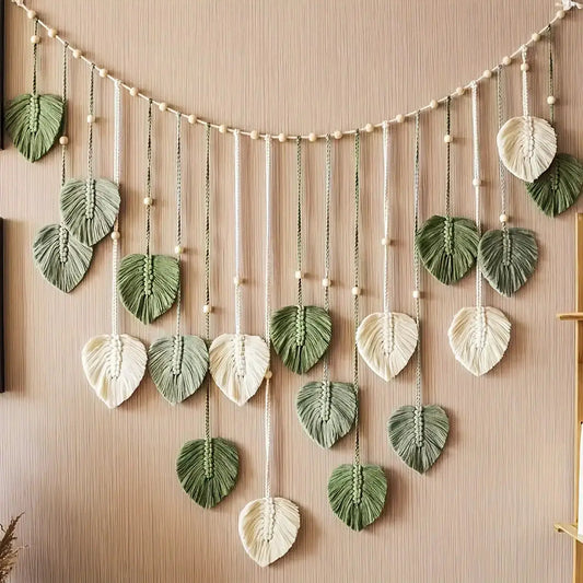 1pc Mountable Bohemian-Style Woven Wall Hanging - Modern High-Contrast Acrylic Tapestry with Interwoven Green, White, Beige Leaf-and-Feather Motifs, Textured Home Decor, Room Decor, Mother's Day Gift, Modern Wall Art