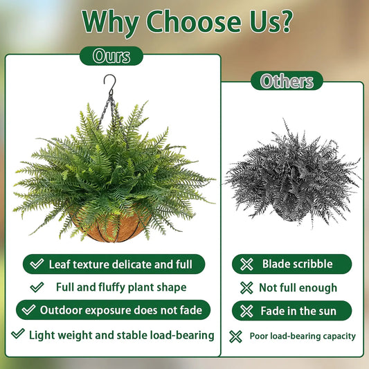 2 Pcs Low-Maintenance Artificial Hanging Fern Plant Set, Outdoor UV-Resistant Faux Ferns with Flower Basket, Hanging Baskets Included for Patio Garden Home Decor