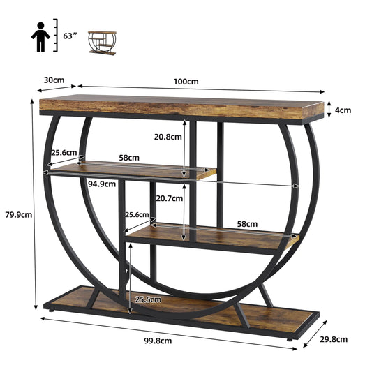 39-Inch Industrial Entryway Table with 3-Tier Metal Frame and Wooden Storage Shelves, Decorative Console Table for Hallway and Entryway