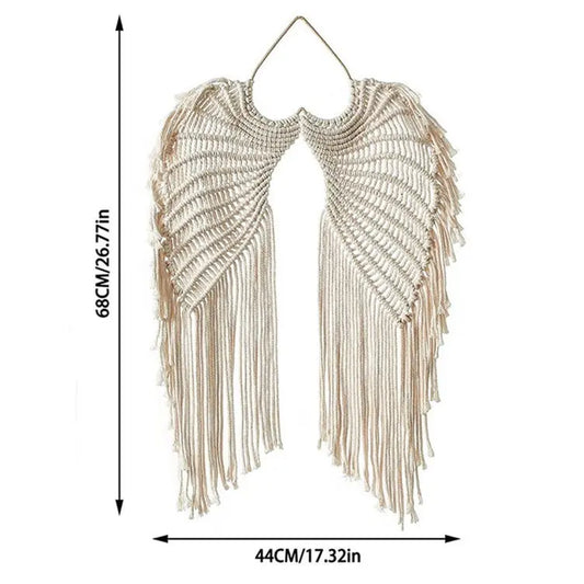 Macrame Wall Hanging - Handcrafted Bohemian Angel Wings Woven Cotton Rope Tapestry with Fringe, Aesthetic Whimsical Room Decor for Camping & Hiking Hammock Spaces, Boho House Decoration