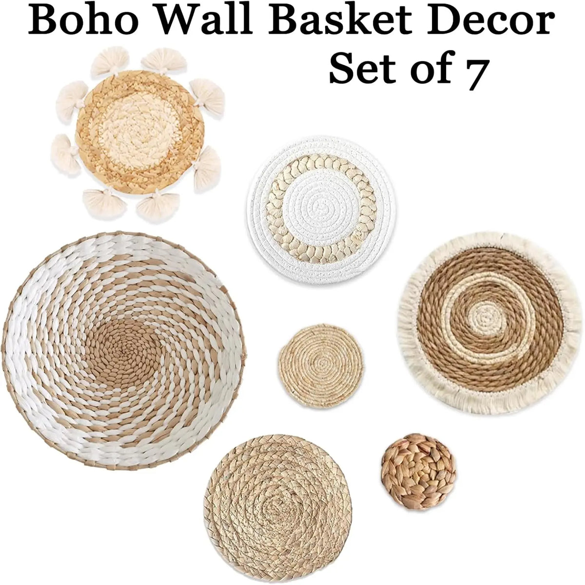 7pcs Durable Unique Weave Hangable Seagrass Baskets - Handmade Heat-Resistant Natural Rattan Specialty Kitchen Utensil Holders, Boho Wall Ornaments for Living Room, Bedroom, Wall Decor
