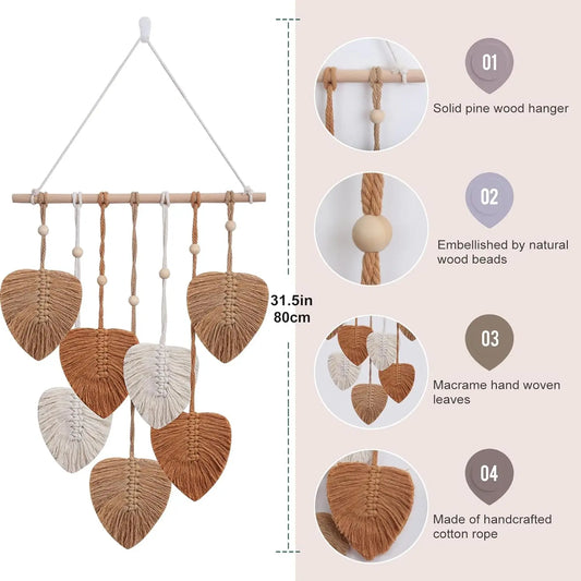 Hangable Macrame Wall Art, Boho Decorative Leaves Tapestry with Handmade Yarn Tassels and Feathers, Indoor Recreation Bedroom Wall Hanging Decor, 16x22in