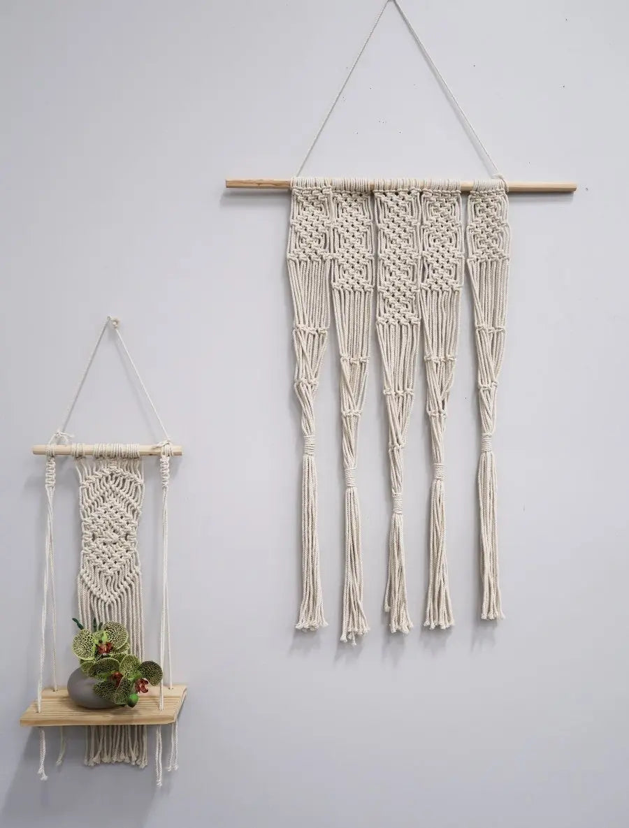 22” Handmade Neutral Wood Macrame Hanging Shelf with Diamond Weave - Wall Mount, Home Decor Aesthetic, Unique Wall Decor, Decorative Hanging Piece, Boho Macrame Look, Plant Display Room Ornament