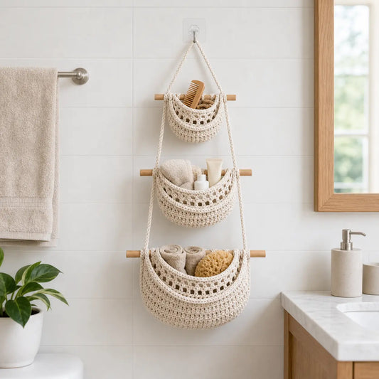 3-Tier Handwoven Cotton Cord Over-the-Door Basket - Wall-Mounted Jute Decorative Home Storage Organizer with Gift Hook, Scandi Look, 31.5h in., Bedroom Storage Organizer for Busy Parents to Store Diapers, Laundry