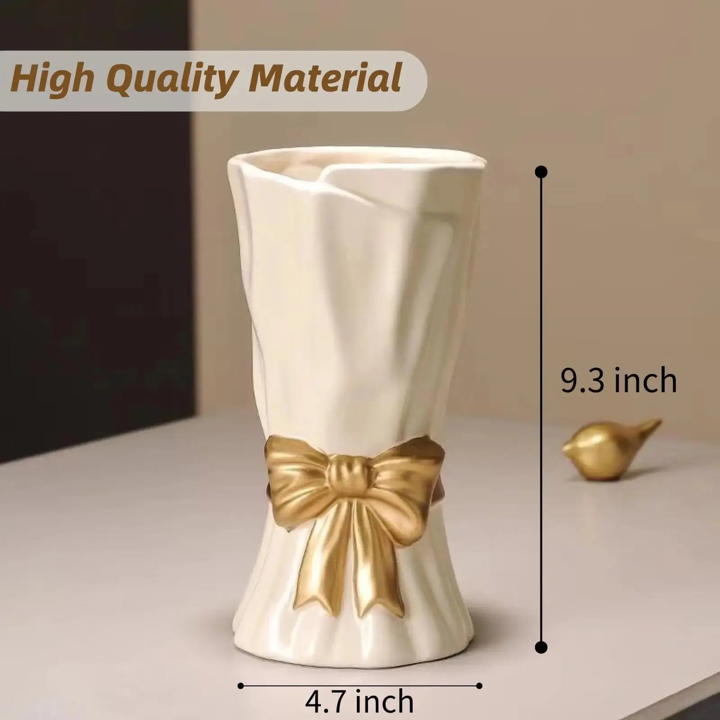 Elegant White Ceramic Vase with Gold Bow - Modern Aesthetic Home Decor, Bedroom-Ready Style Artistic Decorative Vase for Living Room & Bedroom