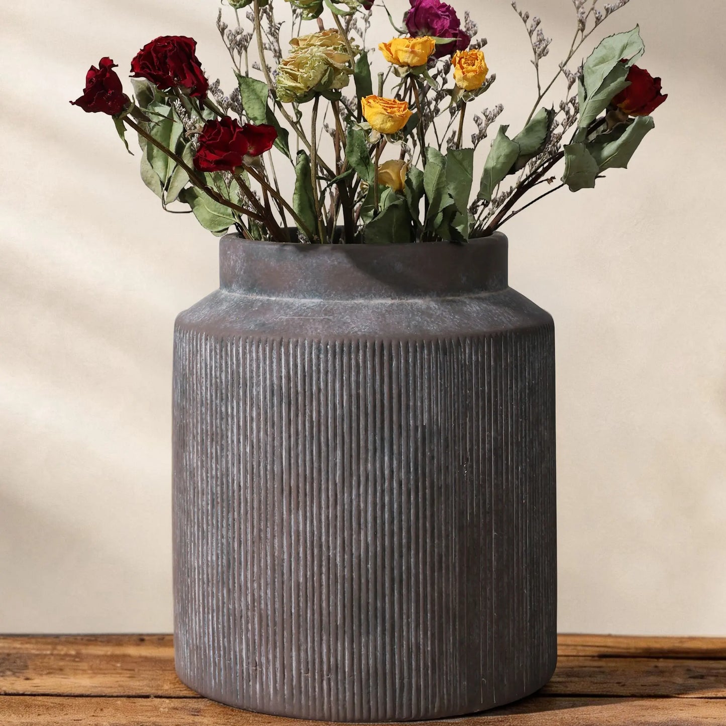Ivydale 7-Inch Terracotta Ceramic Flower Vase - Rustic Retro Short Wide-Mouth Vase for Berry Arrangements, Cotton Displays, Brush Storage, Home Decor Gifts (Entryway Table, Bedroom)