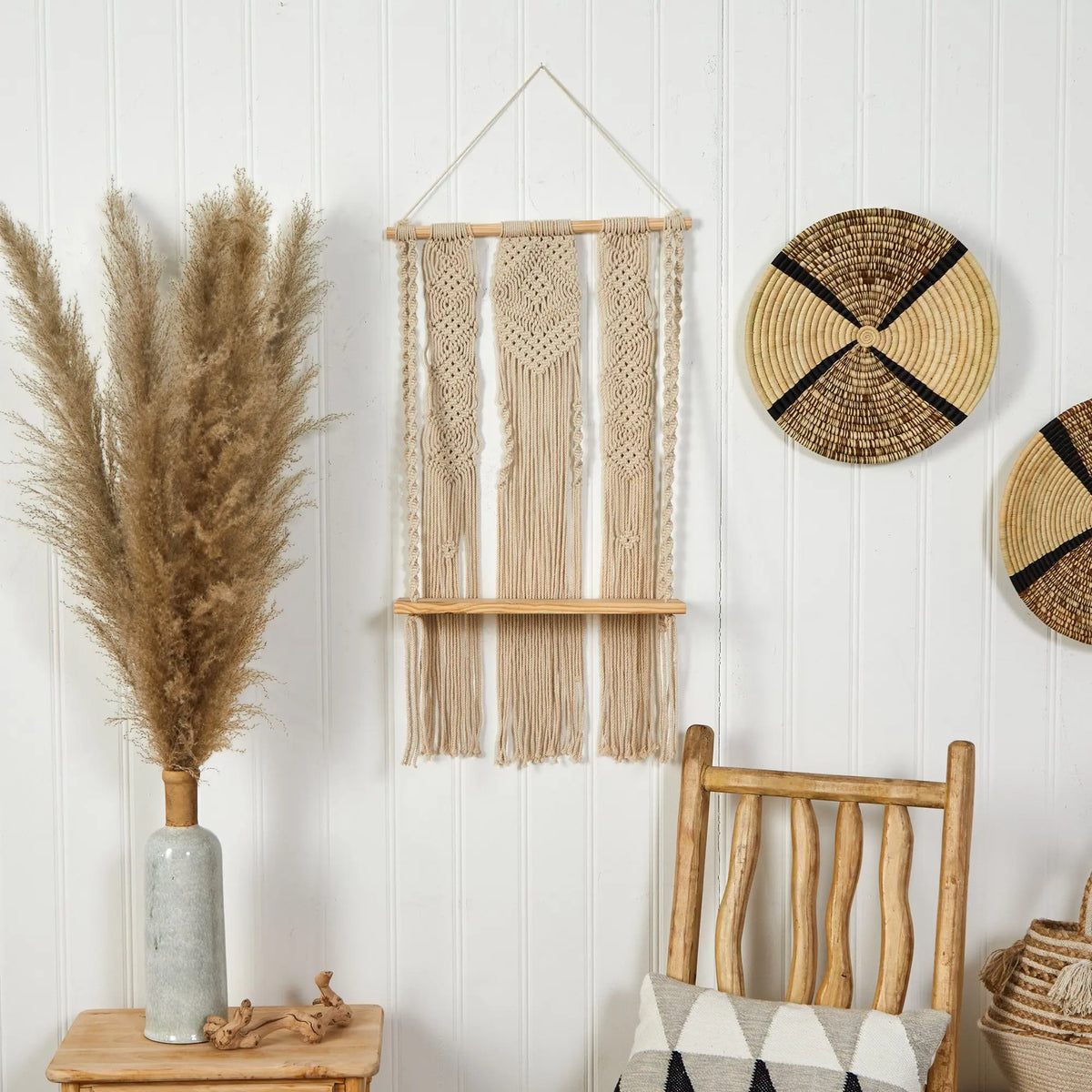 Finished Woven Handmade Ceramic & Wood Macrame Wall Hanging with Floating Shelf - 2.5'x1.5' Wall Tapestry, Aesthetic Room Decor, Above-Bed Accent, Small Item Storage, Home Supplies (Includes Storage Hook)