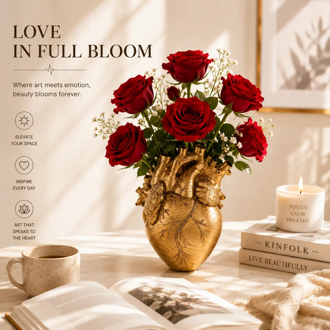 Artistic Modern 3D Resin Heart Vase - Luxury Gold Accent Flower Vase with Artificial Flowers, Minimalist Nordic Home Supplies for Desktop, Living Room Tabletop Decor, Flower Vases, 3D Resin Vases
