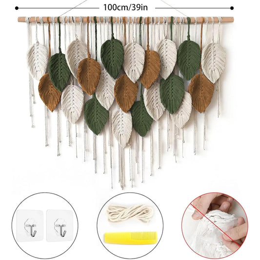 Cotton Large Macrame Wall Hanging - Hangable Feather Leaf Design Decorative Home Accessory, Handmade Boho Woven Tapestry, Wooden-Accent Unique Room Decor for Living Room Bedroom, 39"W x 29.5"L Ideal Gift