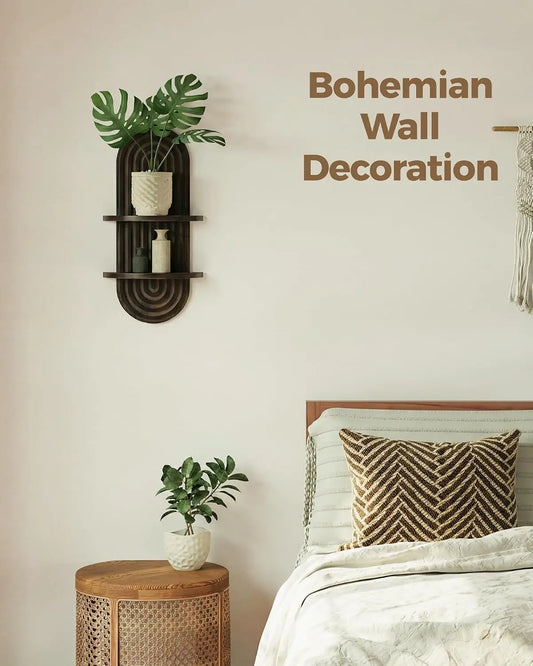 Bamworld Wooden Floating Shelves - Boho Mid Century Modern Home Decor, 2-Tier & 1-Tier Hanging Plant Shelves for Living Room, Bathroom Accessories, Aesthetic Unique Room Decor (Walnut, Natural)