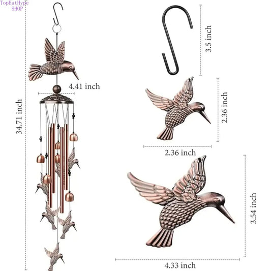 Handmade 34in Tall Outdoor Hummingbird Wind Chimes - Aluminum Bird Windchimes with Melodic Sound, Calming Meditation Relaxation Decorative Hanging Ornaments, Home Patio Decor, Memorial Sympathy Gift