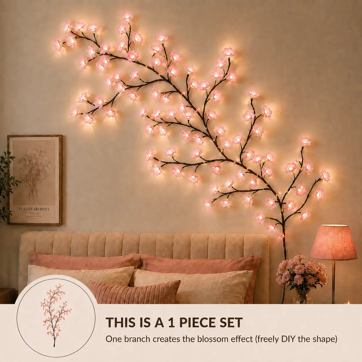 LED Cherry Blossom Tree Branch Fairy Lights - DIY Flexible Bendable LED Vines Garland, Wireless Remote, Indoor Decorative Romantic Floral Wall Lighting, Home Room Decor, Boujee Home Accessories, Duct Tape Compatible for Bedroom Wedding Gifts