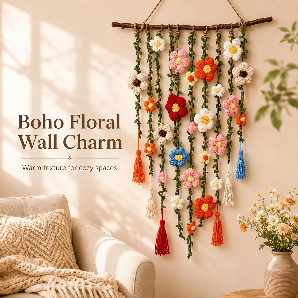 Boho Crochet Flower Wall Decor (1PC) | Aesthetic Floral Hanging Art for Bedroom, Living Room, Dorm and Apartment