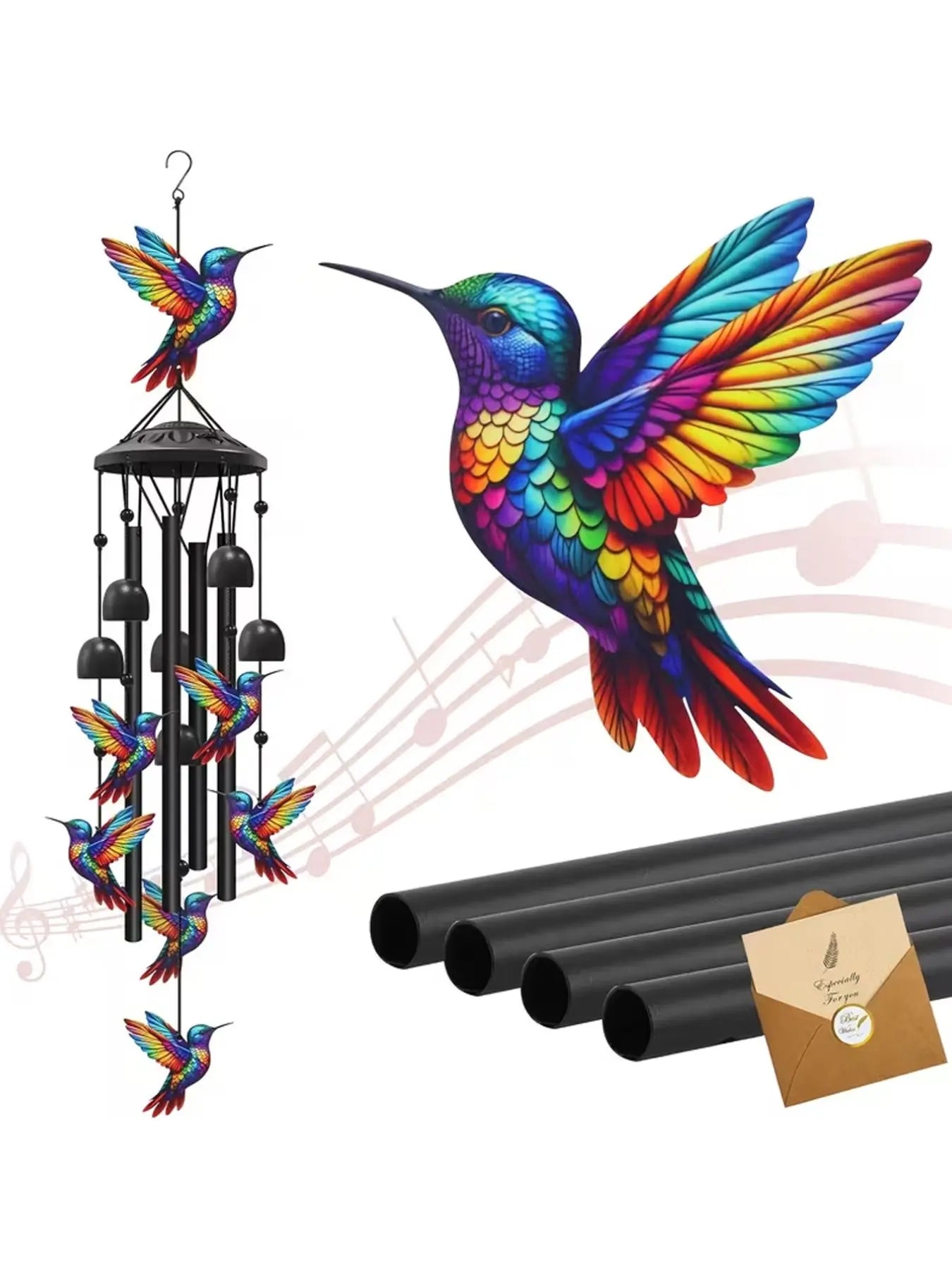 36-Inch Outdoor Hummingbird Wind Chime, Metal, Garden Pavilion Decoration, Durable, Gift for Men Women, with Greeting Card