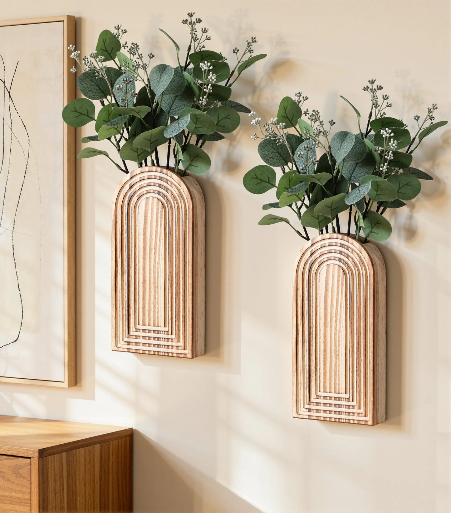 Ivydale 2-Pack Decorative Lightweight Wooden Wall Vase Set with Fake Plants, Boho Modern Farmhouse Hanging Planters for Narrow Spaces, Brown House Decor Gift for Bedroom Aesthetic Decorations, Wall Decor