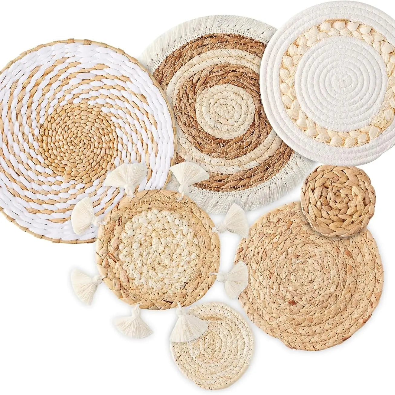 7pcs Durable Unique Weave Hangable Seagrass Baskets - Handmade Heat-Resistant Natural Rattan Specialty Kitchen Utensil Holders, Boho Wall Ornaments for Living Room, Bedroom, Wall Decor