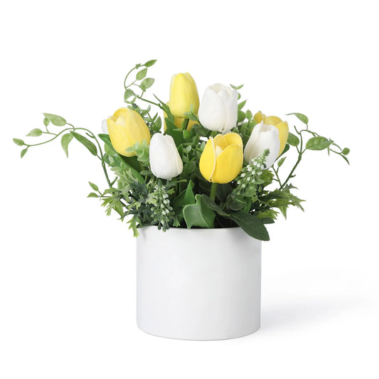 10 Pcs Artificial Tulips with Ceramic Vase, Real Touch PU Fake Tulip Stems for Easter, Spring, Wedding Bouquet, Home Centerpiece Floral Arrangement, and Table Décor in White & Yellow