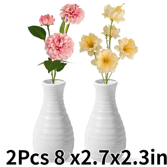 2-Pcs 8x2.7in Composite Plastic Flower Vases - Ceramic Look, Shatter-Resistant Home Decor Accessory for Easy Home Care, Natural Lines Design, Small Shelf/Table Fit, All-Season Dinner Party Centerpieces, Room Decor