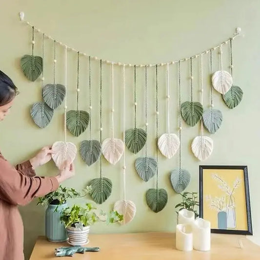 Handmade Macrame Woven Wall Hanging - Boho Leaf Tapestry with Large Green Leaves & Feathers - Chic Hangable Home Artwork for Bedroom, Entryway - Ideal Wedding Gift Wall Decor, Cotton, Transparent