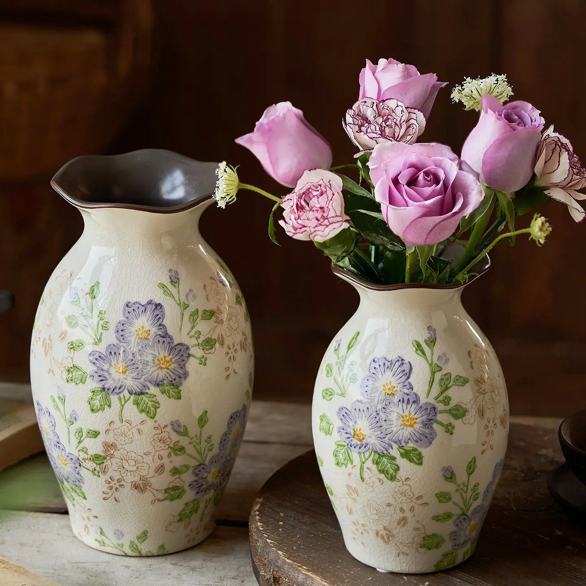 Handmade Ceramic Floral Vase, Hand-Painted Crackle Glaze Flower Vase, French Country Rustic Home Decor, Elegant Table Centerpiece