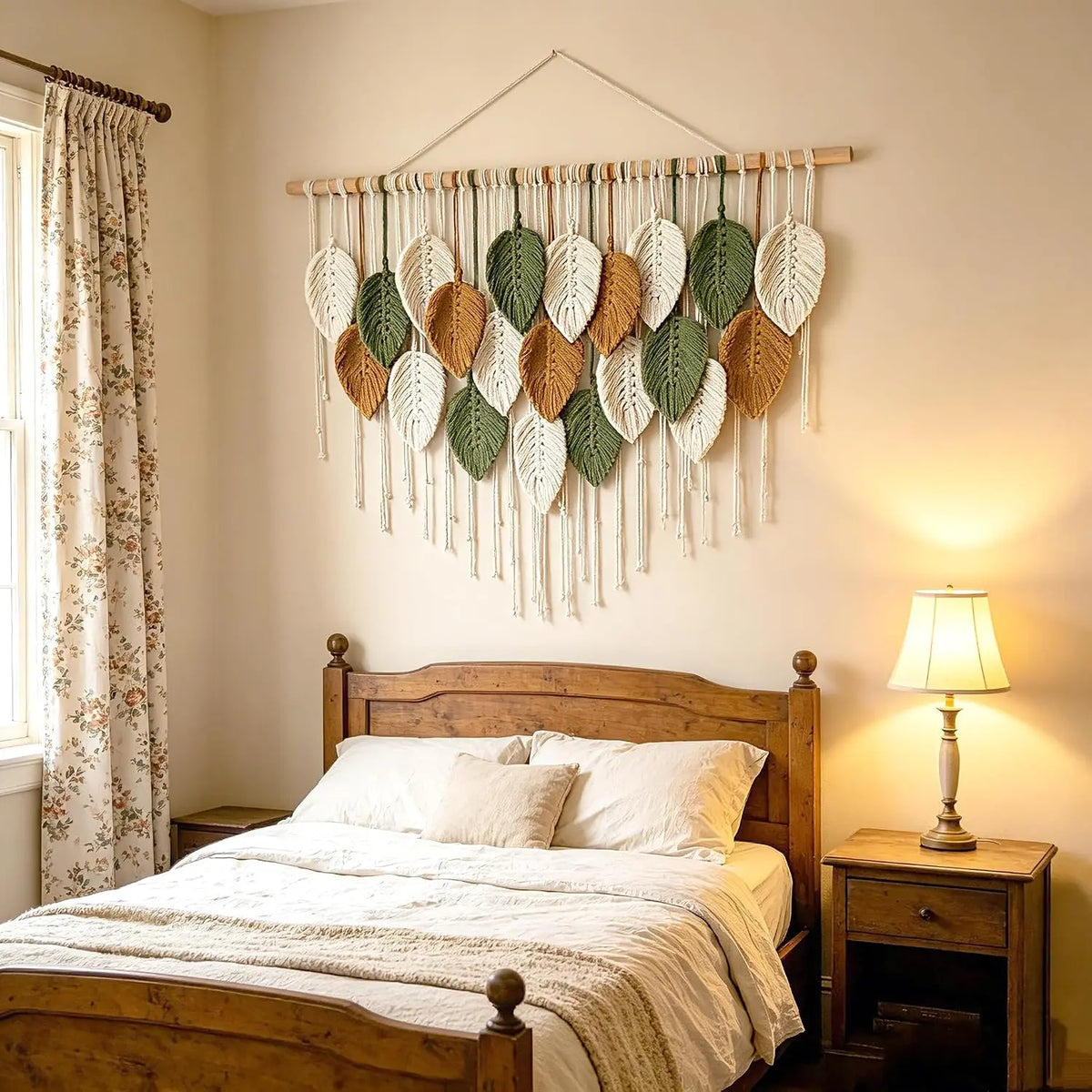 OUEST Large Cotton Macrame Wall Hanging - Hangable Wood Minimalist Boho Woven Tapestry, Handmade Leaf Feather Bohemian Wall Decoration, Home Decor for Living Room Bedroom 39" W x 29.5" L