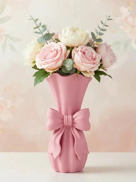 Multicolored Ribbed Bow Plastic Vase - Lightweight Aesthetic Home Decor Mini Accent Piece, Bows-Adorned Multicolored Vases for Special Occasion Gift (Ideal for Mum)