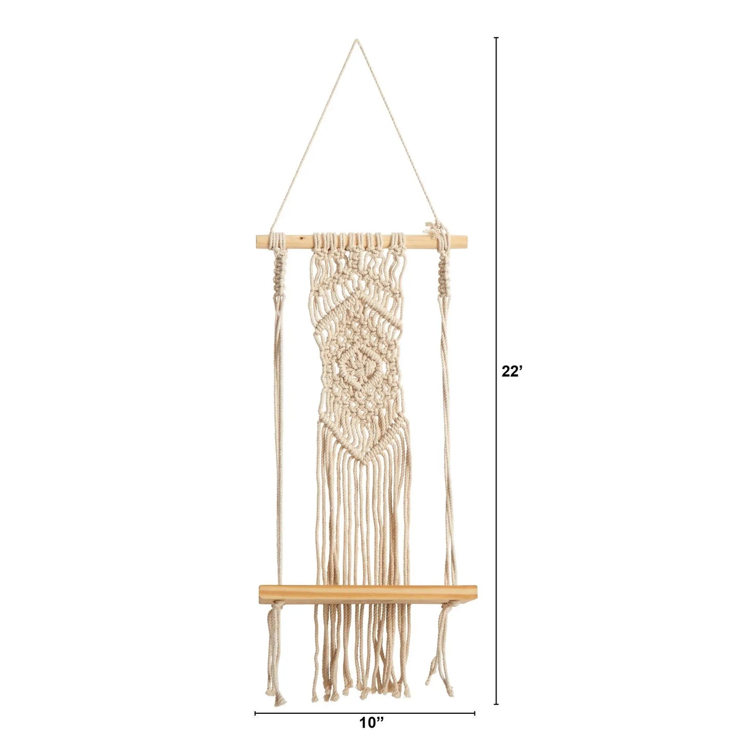 22” Handmade Neutral Wood Macrame Hanging Shelf with Diamond Weave - Wall Mount, Home Decor Aesthetic, Unique Wall Decor, Decorative Hanging Piece, Boho Macrame Look, Plant Display Room Ornament