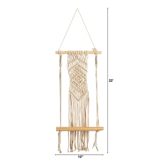 22” Handmade Neutral Wood Macrame Hanging Shelf with Diamond Weave - Wall Mount, Home Decor Aesthetic, Unique Wall Decor, Decorative Hanging Piece, Boho Macrame Look, Plant Display Room Ornament