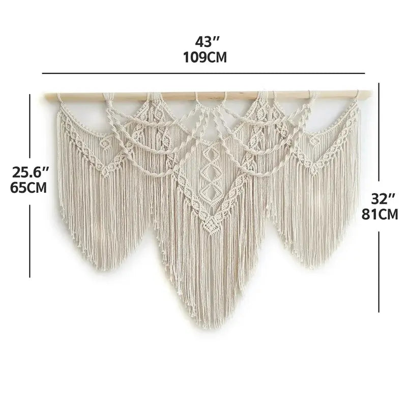 Handmade Woven Macrame Wall Hanging with Wooden Stick, Large Boho Tassel Curtain, Wedding Backdrop Decor