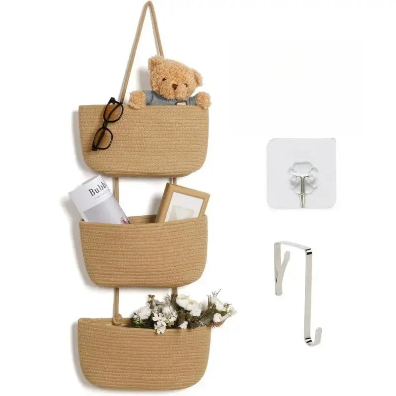 1/2-Pack Adjustable 3-Tier Woven Cotton Wall Hanging Baskets with 4 Hooks - Over-the-Door Jute Home Supplies Storage Organizer for Nursery, Bathroom, Entryway Decor, Baby Showers