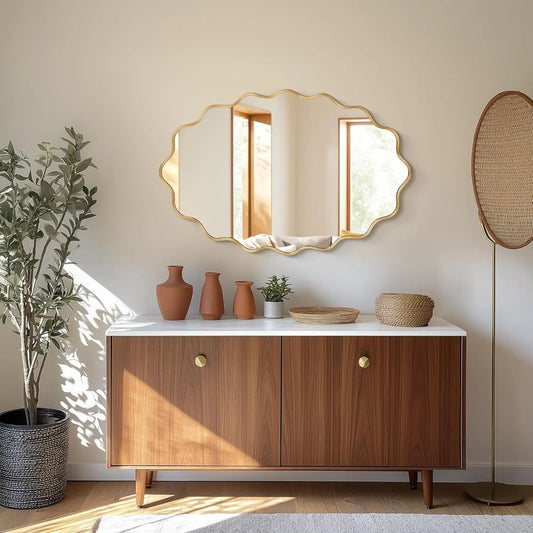 TVF Oval Wall Mirror, 22" x 30" Wavy Bathroom Mirror for Wall with Brushed Alloy Steel Frame&Shatter-Proof Glass, Hanging Decorative Wall Mirrors for Bathroom Sink, Bedroom, Entryway