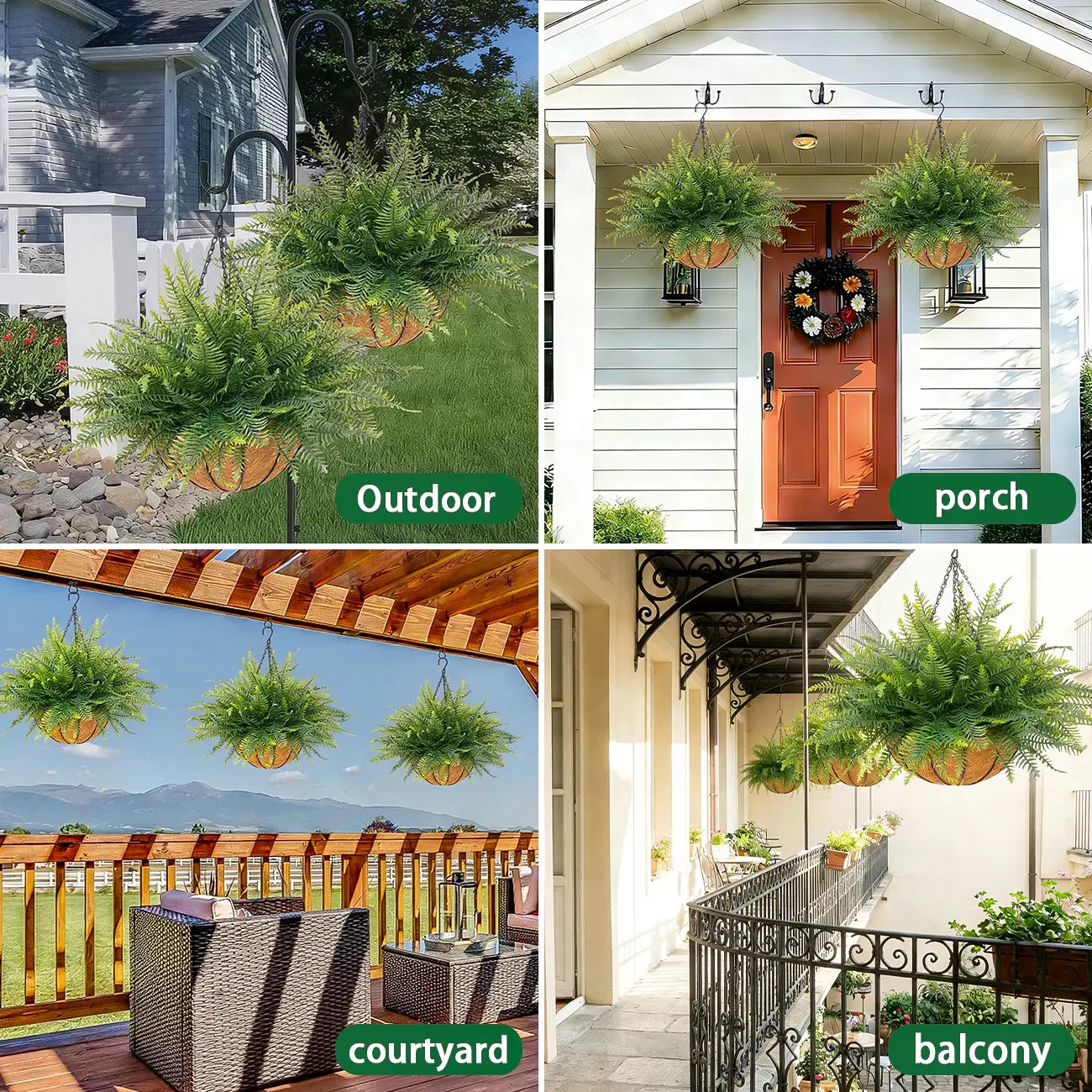 2 Pcs Low-Maintenance Artificial Hanging Fern Plant Set, Outdoor UV-Resistant Faux Ferns with Flower Basket, Hanging Baskets Included for Patio Garden Home Decor