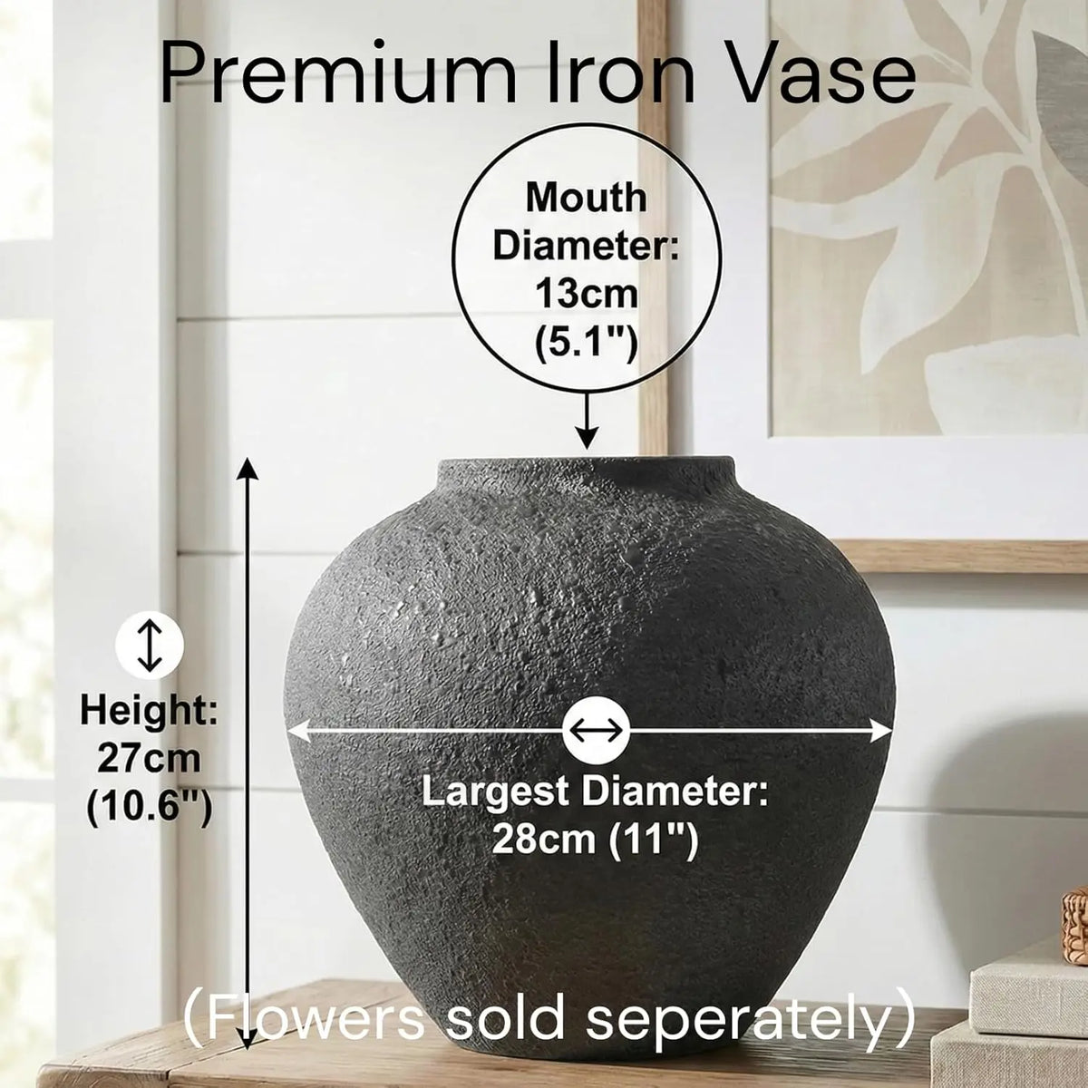 Black/White Large Round Vase Pottery Look for Home Decor, Arina Black Rustic Iron Vase Modern Farmhouse, Console Table Decor, Earthy Textured Metal Big Black Round Vases for Centerpieces, Jarrones Grandes
