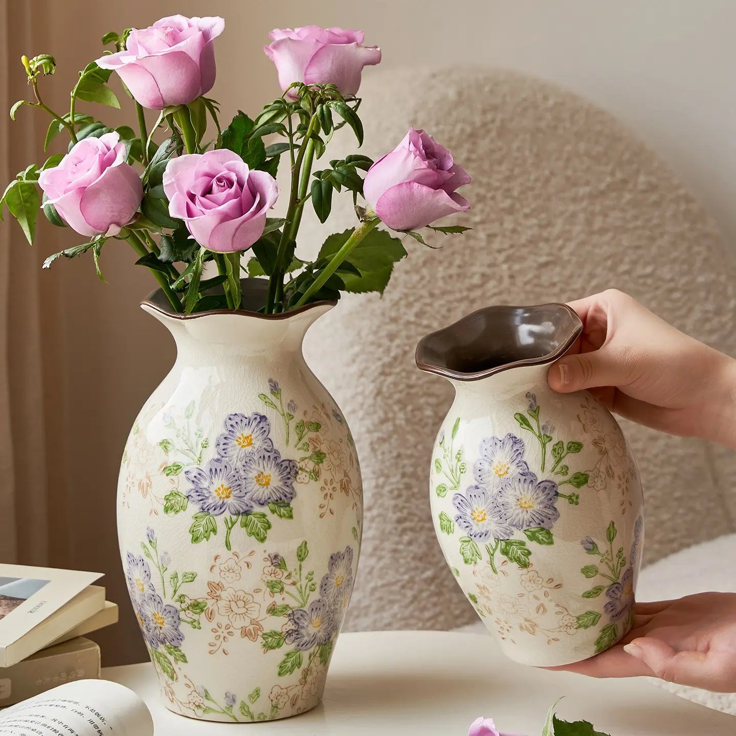 Handmade Ceramic Floral Vase, Hand-Painted Crackle Glaze Flower Vase, French Country Rustic Home Decor, Elegant Table Centerpiece