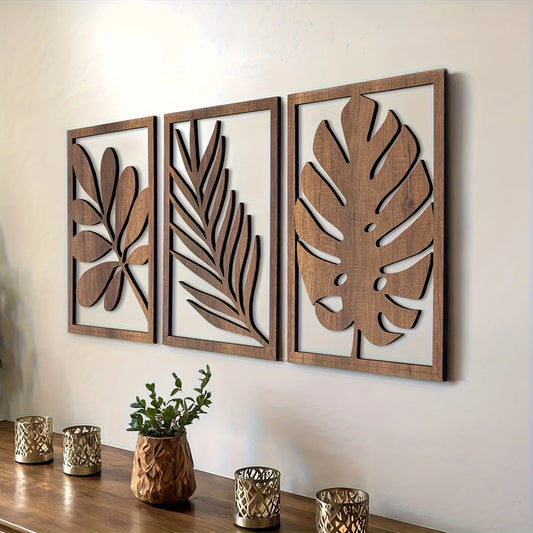 3Pcs Rustic Wall Sculpture Set, Large Home Wall Art Decor, Aesthetic Bohemian Tropical Leaf Wooden Cutout Wall Decor for Living Room, Bedroom, Office