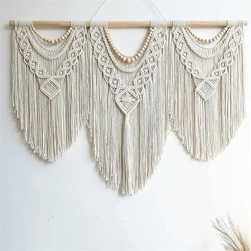 Handmade Woven Macrame Wall Hanging with Wooden Stick, Large Boho Tassel Curtain, Wedding Backdrop Decor