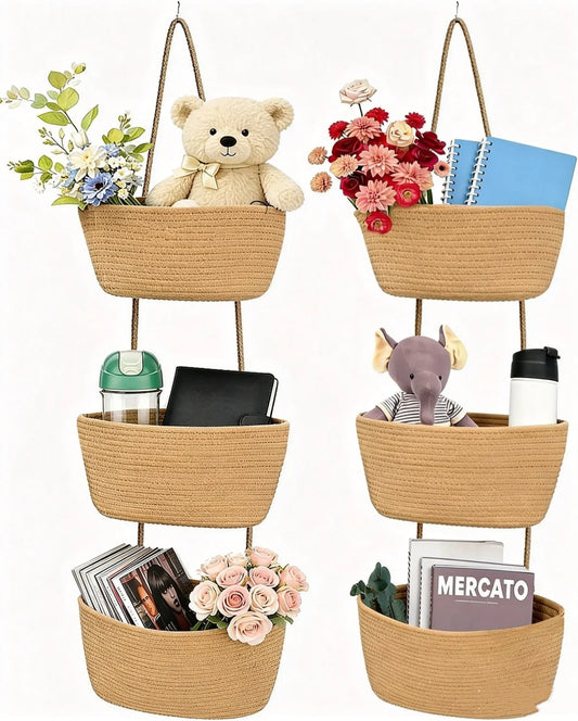 3-Tier Handwoven Rustic Wall-Mounted Storage Basket - Detachable Rope Design, Aesthetic Home Decor, Farmhouse Style, Room Organizer, Baby Nursery Organizer, Decoration Piece, Nursery Accent, Storage Basket For Room