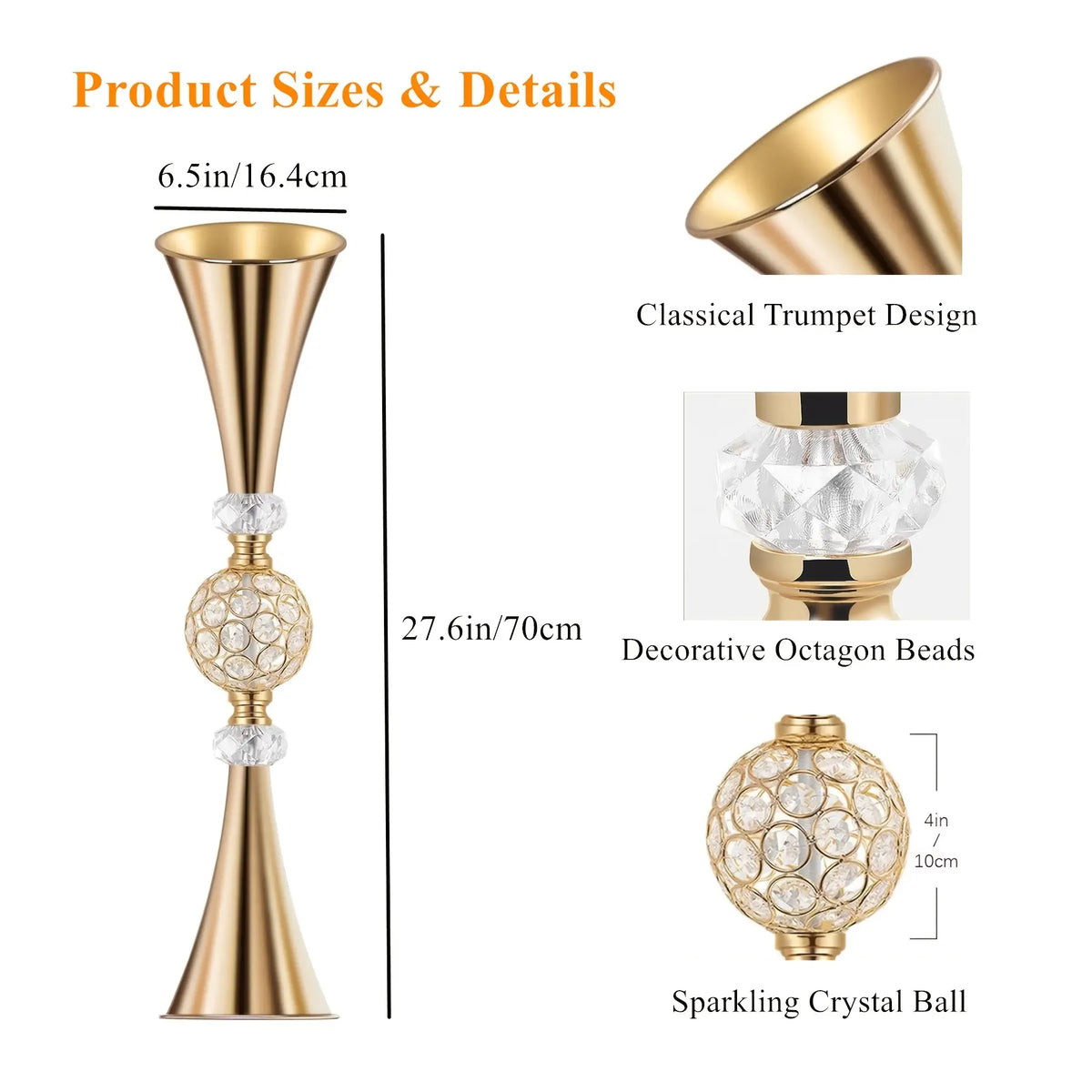2-Piece Glamorous Gold 22-in Cylindrical Vases - High-Geometric Crystal-Inlaid Rust-Resistant Metal, Feather-Ready, Ideal for Room Decor, Thanksgiving, Easter, Valentines Day Reception Tables, Gatsby-Themed Events