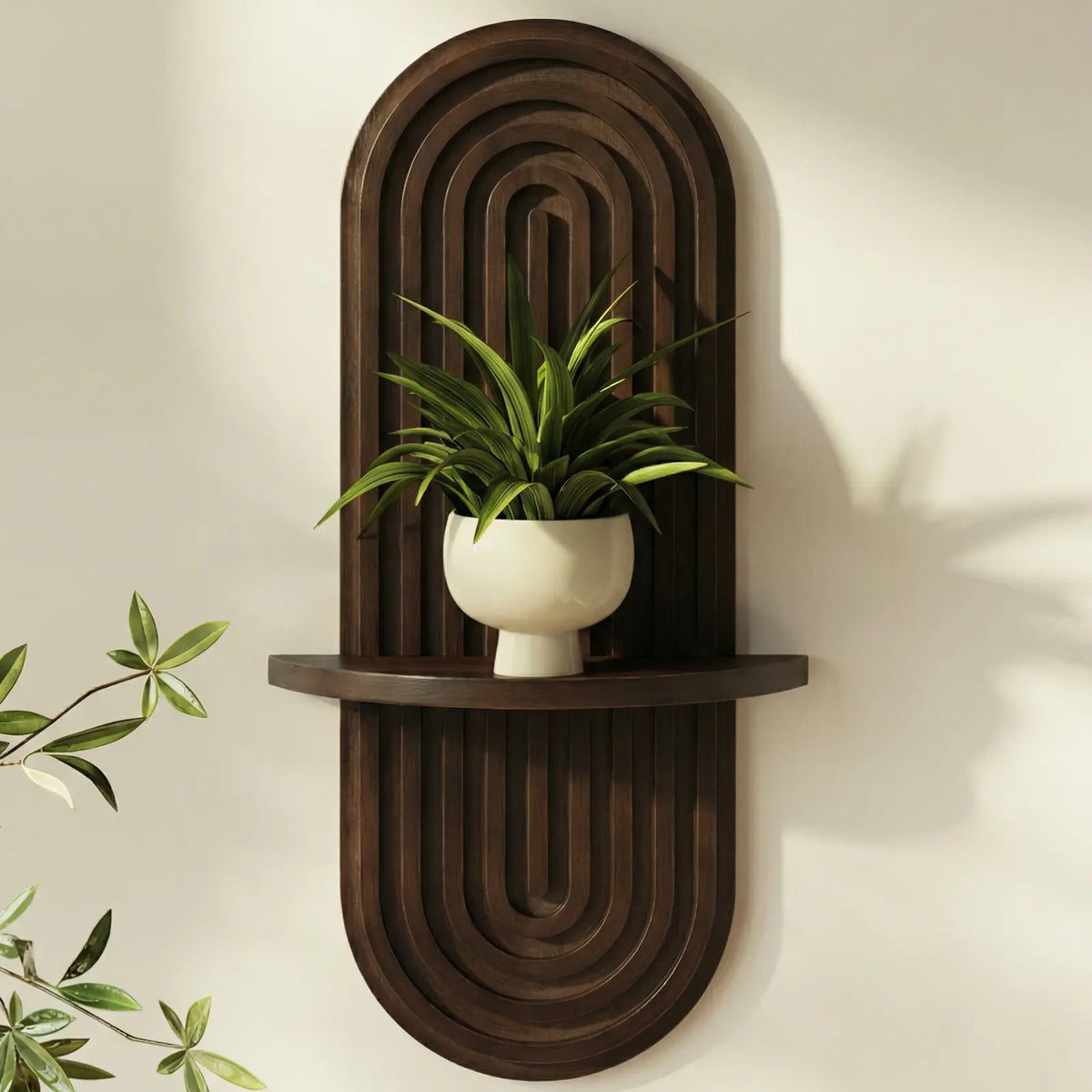Bamworld Wooden Floating Shelves - Boho Mid Century Modern Home Decor, 2-Tier & 1-Tier Hanging Plant Shelves for Living Room, Bathroom Accessories, Aesthetic Unique Room Decor (Walnut, Natural)