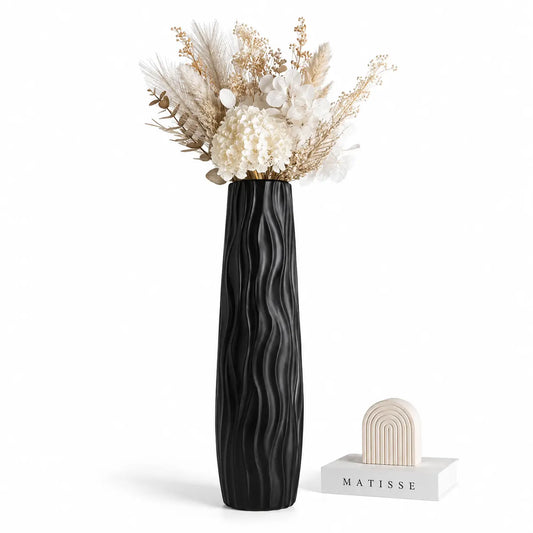 58cm Large Matte Black Plastic Curved Textured Floor Vase - Lightweight Minimalist Industrial Farmhouse Tall Decor for Dried Branches, Floral Ornaments, Aesthetic Home Decor, Living Room Decorations