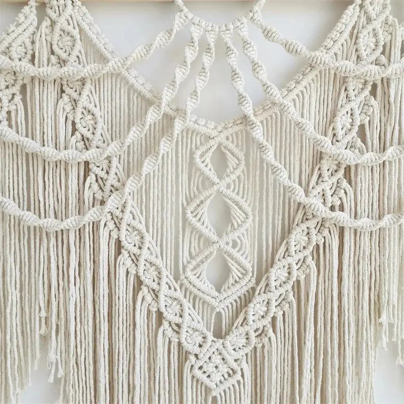 Handmade Woven Macrame Wall Hanging with Wooden Stick, Large Boho Tassel Curtain, Wedding Backdrop Decor