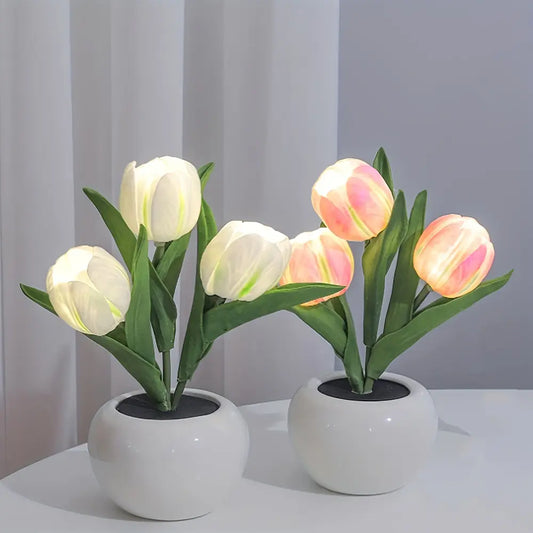 Dimmable LED Plastic Tulip Artificial Flower Desk Lamp with Vase - Unisex Indoor Mood Lighting, Home Decor Items, Lights for Bedroom, Room Inspo, Dorm Decor, Cool Light Centerpiece, Gift for Girlfriend, Room Accessories, Bedroom Decor