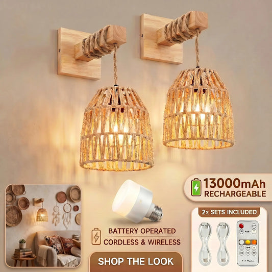 Set of 2 Bamboo Rattan Woven Lantern Wall Sconces - Battery-Operated Rechargeable Wooden Swing Arm Lamps with Adjustable Brightness, Dimmable Lighting for Aesthetic Home Decor, Bedroom Living Room, Bamboo Wall Sconce