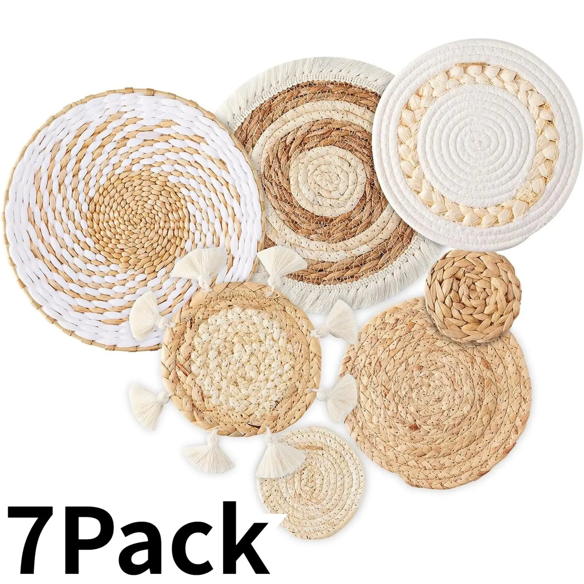 7 Pack Boho Seagrass Rattan Wicker Circular Wall Baskets - Handcrafted Grass Hanging Planters & Baskets, Decorative Wall Art with Handmade Details Uniquely Yours for Farmhouse Living Rooms, Home Decoration Gift Ornaments