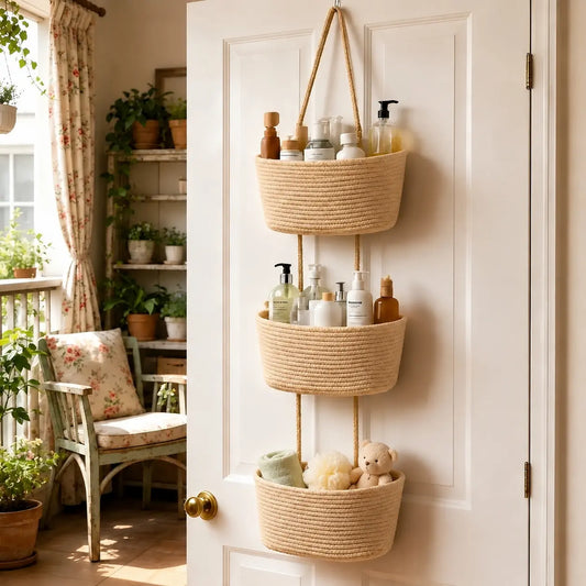 3-Tier Woven Cotton Over-the-Door Hanging Wall Basket - Jute Home Organizer for Dorm Room Storage, Decorative Room Accessories, Baby Wipes & Light Toys, Natural Feel, Warm Charm, Storage Organization Solution