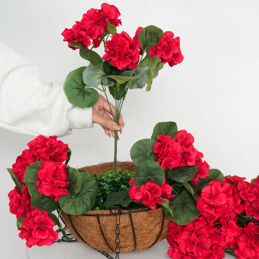 2pcs Artificial Geraniums with Hanging Baskets, 12 Bundles UV Resistant Artificial Outdoor Plants, Fake Red Flowers for Spring Front Porch Home Patio Balcony Yard Decor summerwins Silk Material Everlasting Charm Lifelike