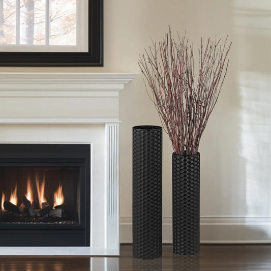 Tall Cylinder Metal Floor Vase Set of 2 (27.6/21.7in Extra Large), Modern Honeycomb-Woven Texture Artificial Floral Arrangement Vases for Living Room Home Decor
