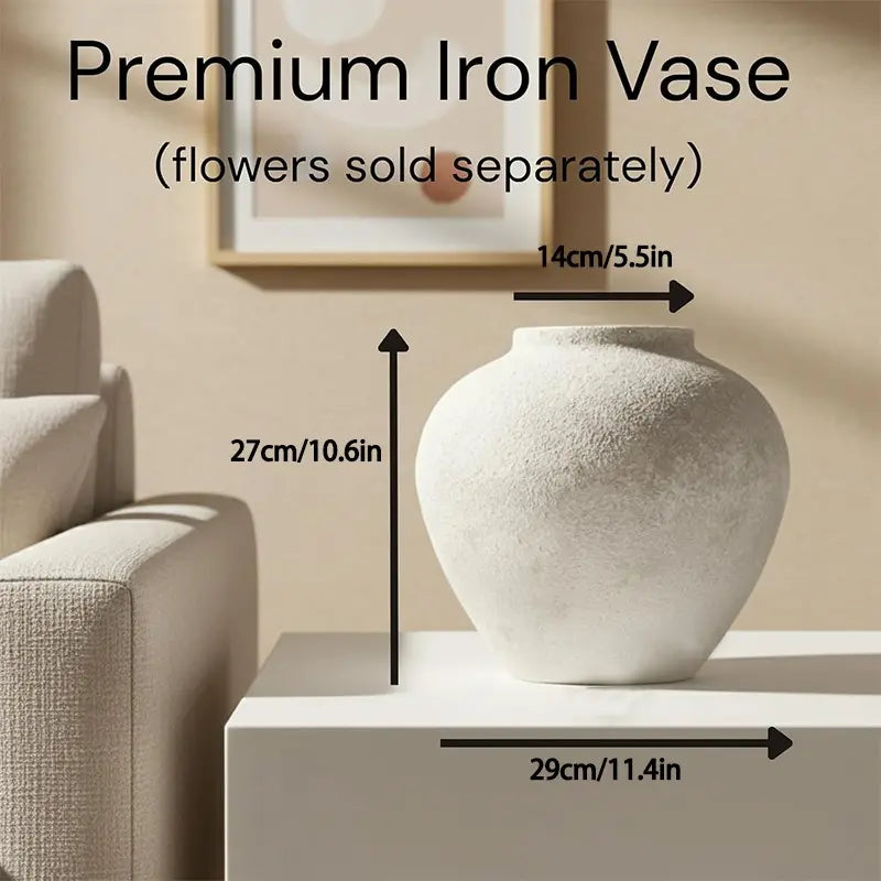11 Inch Wide Textured Stone Look Metal Decorative Vase Large White Rustic Farmhouse Garden Vase for Table Centerpiece Home Decor